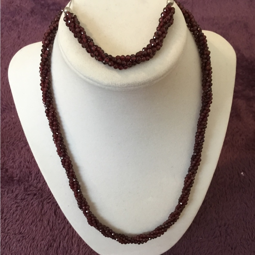 New 925 Rhodolite Garnet Gemstones Multi Bead (3) Twisted Necklace & Bracelet Se
